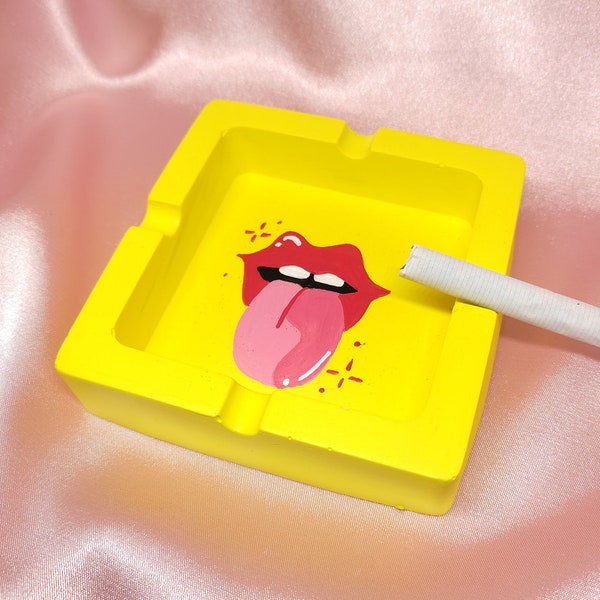 Hand-Painted Lip Decorative Ashtray, Yellow Ash Tray, Desktop Decor, The Rolling Stones Ashtray, Stylish Art Lover Gift