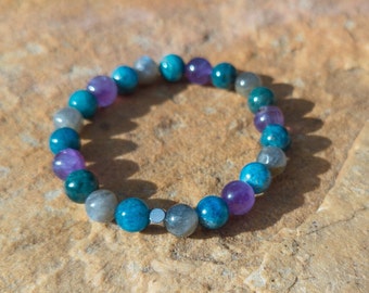 Amethyst, Apatite, and Labradorite Triple Energy Beaded Bracelet with 8mm Round Beads for Men and Women