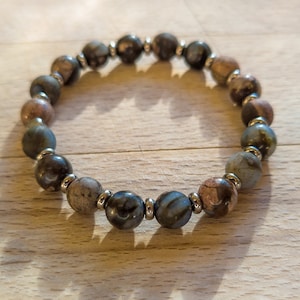 Llanite Rhyolite Alternating Matte and Polished 8mm Round Beads, Ancient RARE Gemstone  Unisex Beaded Stretch Bracelet Originated for Texas