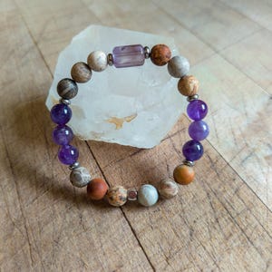 Amethyst Faceted Tube with 8.5mm Chrysanthemum Fossil Coral and Amethyst Natural Gemstone Mix Unisex Stretch Bracelet | Unique Design