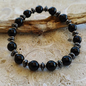 Black Onyx and Hematite Alternating Design Unisex Natural Gemstone Stretch Bracelet Collection | Grounded Protection Against Negative Energy