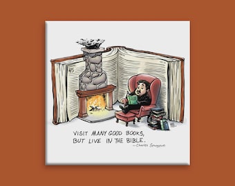 Imán cuadrado de nevera de 2x2 pulgadas con la frase de Charles Spurgeon: «Visita muchos buenos libros, pero vive en la Biblia».