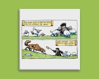 Imán cuadrado de nevera de 2x2 pulgadas con la frase "Dos voces protegen a las ovejas de los lobos" de Juan Calvino.