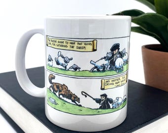 Dos voces: Juan Calvino pastoreando ovejas contra el lobo, taza de café – Regalo de teología reformada