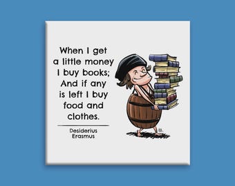 Imán cuadrado de nevera de 2x2 con la frase «Compro libros» de Desiderio Erasmo.