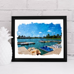 Acuarela de botes de remo en el muelle, fotografía junto al lago, descarga digital, arte mural.
