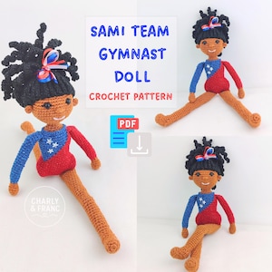 Puede incluir: Un patrón de ganchillo para muñeca titulado SAMI TEAM GYMNAST DOLL que muestra una muñeca de piel oscura con cabello negro rizado, un leotardo rojo y azul con estrellas blancas y un lazo rojo, blanco y azul en tres poses distintas.