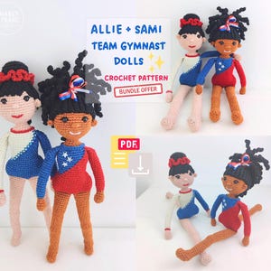 May include: Two crocheted gymnast dolls, Allie and Sami, featuring dark hair with red, white, and blue ribbons. One doll wears a blue and cream leotard, the other a red and blue leotard with white stars. Text reads: ALLIE + SAMI TEAM GYMNAST DOLLS CROCHET PATTERN BUNDLE OFFER.