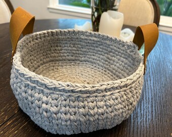 Handmade Crocheted Basket with Leather Handles