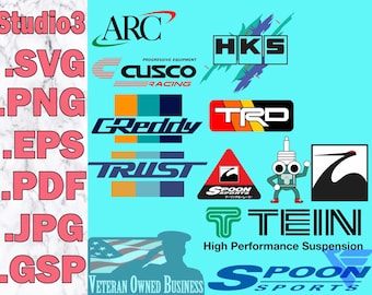 May include: A collection of colorful logos for automotive parts and performance brands, including Cusco Racing, HKS, TRD, Spoon Sports, Tein, Trust, and Greddy. The logos are on a light blue background with a white and red American flag in the bottom left corner.