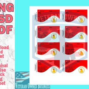 Peut inclure: Feuille imprimable de huit gabarits de cartes de canard de croisière Carnival rouges et blanches. Chaque carte présente un canard en caoutchouc jaune avec un cœur rouge sur la poitrine. Les cartes ont des espaces vides pour écrire le nom du canard, la date et de la part de.