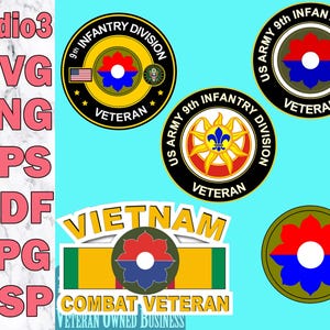 以下が含まれることがあります： 「US ARMY 9th INFANTRY DIVISION VETERAN」という文字と、スタイリッシュな花柄が描かれた、カラフルな丸いパッチが5つ。パッチは薄い青色の背景に配置されています。一番下のパッチには、「VIETNAM COMBAT VETERAN VETERAN OWNED BUSINESS」という文字が書かれています。