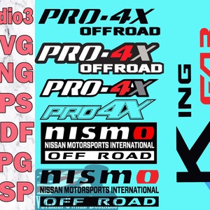 May include: A collection of digital design files for a black and red "PRO-4X OFFROAD" logo, a black and white "NISMO" logo with the text "NISSAN MOTORSPORTS INTERNATIONAL", and a black "GAB" logo with a blue and white wing design.