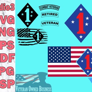 May include: A digital design featuring a red number "1" inside a blue diamond shape with white stars. The diamond is on a red, white and blue American flag. The text "COMBAT VETERAN", "RETIRED VETERAN", and "VETERAN OWNED BUSINESS" are also included in the design.