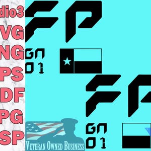 May include: A digital design featuring black graphic elements, including the letters "FP", flags with stars, and the text "GN 01", on a light blue backdrop. File type labels such as .SVG, .PNG, .EPS, .PDF, .JPG, and .GSP are on the left. A silhouette of a saluting soldier with the text "Veteran Owned Business" is at the bottom.