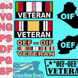 May include: A digital design featuring a black silhouette of the country of Iraq with the text "OIF" inside.  There are also two black silhouettes of Afghanistan with the text "OEF" inside.  The design also includes three ribbons with the text "VETERAN" and the text "OEF - OIF VETERAN" in a black rectangle.  The design also includes a black rectangle with the text "OIF-OFF VETERAN" and three stars on each side.