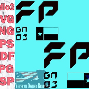 May include: Black graphic design elements on a light blue background. The design includes the letters "FP", the numbers "03", and a Texas flag. The image also features file type extensions such as .SVG, .PNG, .EPS, .PDF, .JPG, and .GSP.