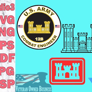 Puede incluir: Un diseño digital que presenta una ilustración en blanco y negro de un castillo con una bandera estadounidense roja y blanca. El texto "U.S. ARMY" está en un círculo negro con un castillo amarillo y el texto "12B COMBAT ENGINEER". El texto "VETERAN OWNED BUSINESS" está debajo de la ilustración del castillo.