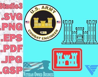 Ingeniero de combate del ejército de EE. UU. Archivos digitales Svg, Png, Eps, Pdf, Studio3, Gsp, silueta, corte, archivo, patriota, veterano, militar retirado