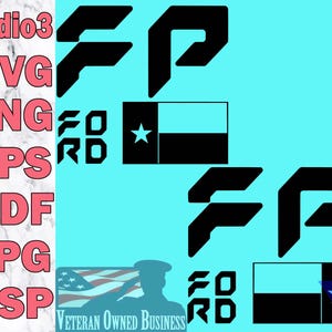 May include: Black graphic designs on a light blue background. The designs include the letters "FP", the word "FORD", and the Texas flag. The image also includes file type extensions such as .SVG, .PNG, .EPS, .PDF, .JPG, and .GSP.