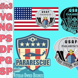 Puede incluir: Un diseño digital que presenta un escudo con cuatro estrellas y un helicóptero, las palabras "PARARESCUE" y "VETERAN OWNED BUSINESS", y un paracaídas con un globo terráqueo y las palabras "USAF PARARESCUE THAT OTHERS MAY LIVE".