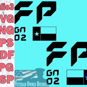 May include: Black graphic designs on a turquoise background. The designs include the letters "FP", a Texas flag, and the text "GN 02". The image also includes file type extensions and the text "Veteran Owned Business".
