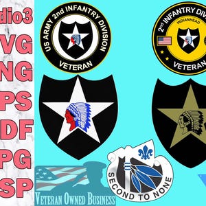 Pode incluir: Um conjunto de cinco patches de unidade militar, apresentando o emblema da 2.ª Divisão de Infantaria. Os patches são de várias cores, incluindo preto, branco, dourado e azul. Os patches estão sobre um fundo azul claro. O texto "US ARMY 2nd INFANTRY DIVISION VETERAN" está no patch superior esquerdo. O texto "2nd INFANTRY DIVISION INDIANHEAD VETERAN" está no patch superior direito. O texto "SECOND TO NONE" está no patch inferior direito.