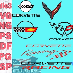May include: A digital collection of Corvette logos and emblems in various styles, including checkered flags and racing text. The image features file formats listed as Studio3, SVG, PNG, EPS, PDF, JPG, and GSP, with a Veteran Owned Business label.