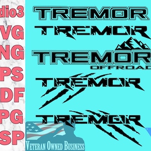 May include: Black and white graphic design of the word "TREMOR" with a claw mark design. The word "OFFROAD" is below the word "TREMOR". The text "Studio3", "SVG", "PNG", "EPS", "PDF", "JPG", and "GSP" is on the left side of the image. The text "VETERAN OWNED BUSINESS" is at the bottom of the image.