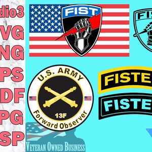 May include: A collection of military-themed graphics, including a shield with a fist and lightning bolt, and a U.S. Army emblem. The image also features the text "FIST" and "FISTER" in various designs, along with file type indicators.