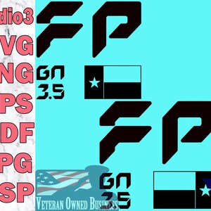 May include: A digital design with black geometric shapes and text on a turquoise background. The design includes the letters "FP", the Texas flag, and the text "GN 3.5" and "GN 25". The left side of the image displays file type extensions such as .SVG, .PNG, .EPS, .PDF, .JPG, and .GSP.