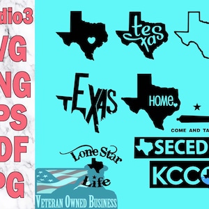 Puede incluir: Una colección de archivos SVG, PNG, EPS, PDF y JPG con temática de Texas. Los diseños incluyen un contorno de Texas con un corazón, las palabras "Texas" en una fuente estilizada, un contorno de Texas con la palabra "Home" y una estrella, las palabras "Come and Take It", las palabras "Secede" y las palabras "KCCO" con un contorno de Texas.