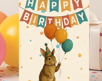 Rabbit Birthday Card, Cute Bunny Greeting Card, Kids Birthday Card, Party Bunny Card, Animal Birthday Card