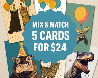 5 Pack Animal Birthday Cards – Mix and Match Cute Greeting Card Bundle – Choose Any 5 Funny Cards for Kids and Animal Lovers