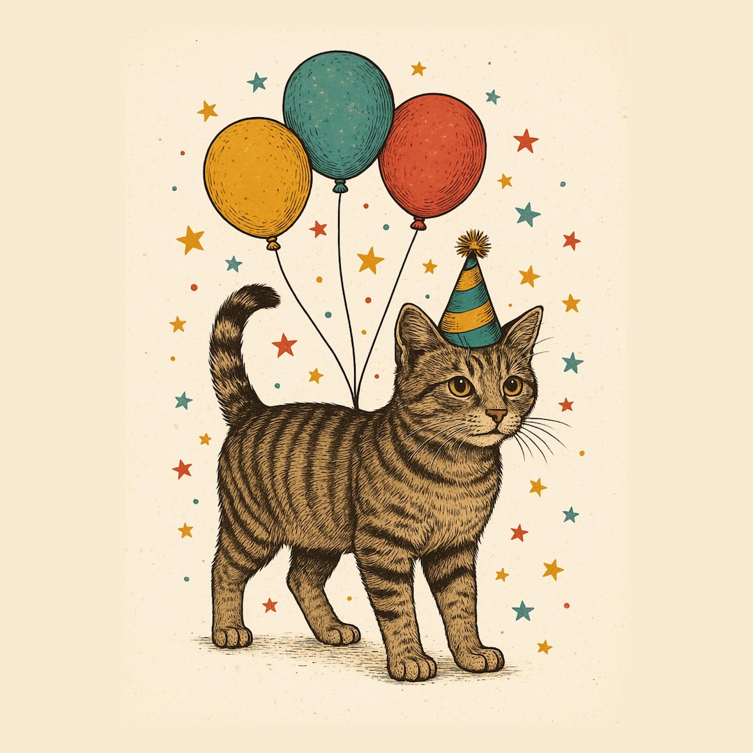 Cat Birthday Card – Cute Animal Greeting With Balloons and Party Hat ...