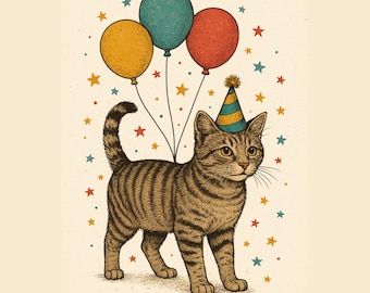 Cat Birthday Card – Cute Animal Greeting with Balloons and Party Hat – Folded Card for Kids or Adults