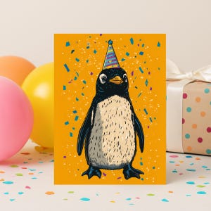 Tarjeta de cumpleaños de pingüino: divertida felicitación plegada con gorro de fiesta. Regalo para amantes de los animales. Envío desde EE. UU.