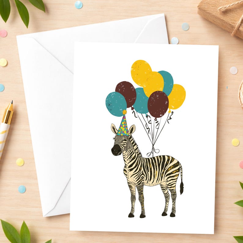 May include: A birthday greeting card featuring a zebra wearing a party hat and holding balloons. The balloons are in shades of teal, brown, and yellow. The zebra has black and white stripes. An envelope is visible in the background.