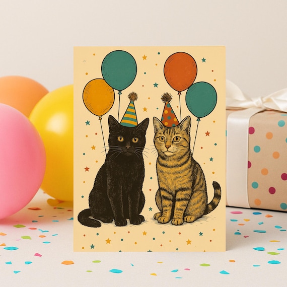 Cat Birthday Card for Cat Lovers, Funny Cat Card with Balloons, Cute Kitten Birthday Card, Animal Greeting Card for Kids