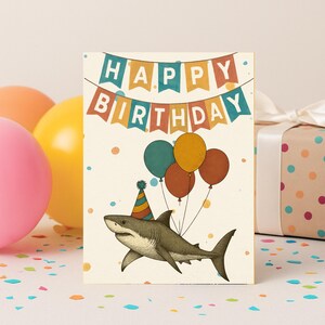 Shark Birthday Card – Funny Folded Greeting with Balloons & Banner – Animal Kids Party Card