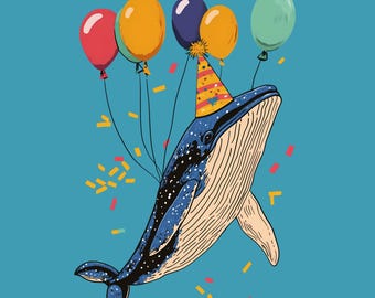 Whale Birthday Card, Cute Ocean Animal Greeting Card, Kids Birthday Card, Party Whale Card, Sea Animal Card
