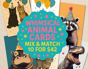 10 Pack Animal Birthday Cards – Mix and Match Cute Greeting Card Bundle – Choose Any 10 Funny Cards for Kids and Animal Lovers