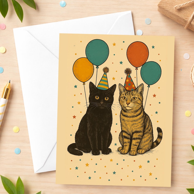 May include: A birthday greeting card featuring two cats with party hats and balloons. One cat is black, the other is tabby. The balloons are teal, orange, and red. The background is a light beige with star confetti.