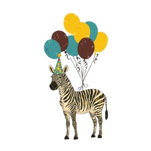 May include: An illustration of a zebra wearing a party hat and holding a bunch of balloons. The balloons are in shades of yellow, teal, and brown. The zebra has black and white stripes.
