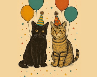Cat Birthday Card for Cat Lovers, Funny Cat Card with Balloons, Cute Kitten Birthday Card, Animal Greeting Card for Kids