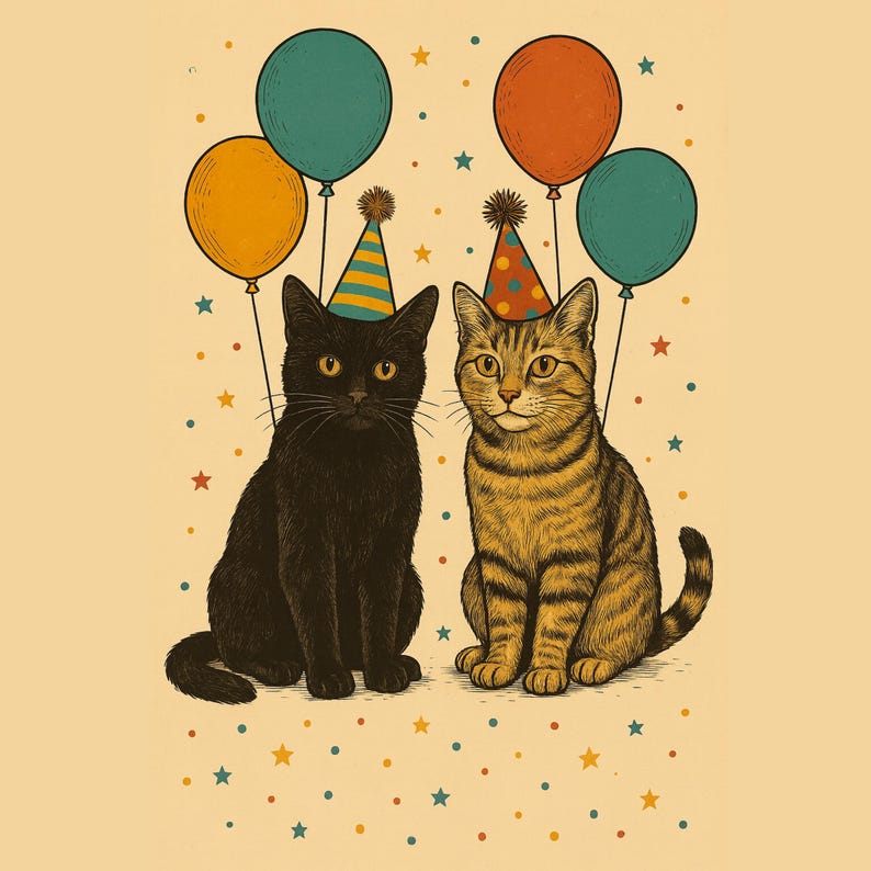 May include: Illustration of two cats wearing party hats, each with a balloon bouquet. One cat is black, the other is tabby. The background is a light beige with colorful stars and confetti.