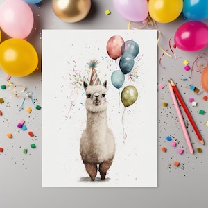 Cute Alpaca Birthday Card – Folded Animal Greeting With Balloons – Ships from USA