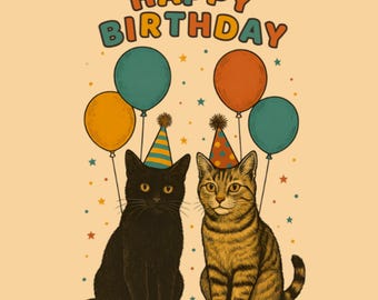 Cute Cat Birthday Card – Happy Birthday Card with Cats and Balloons – Funny Kitten Greeting Card – Cat Lover Gift