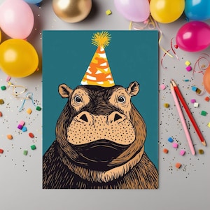 Hippo Folded Greeting Card – Fun Birthday Party Edition – Ships from USA