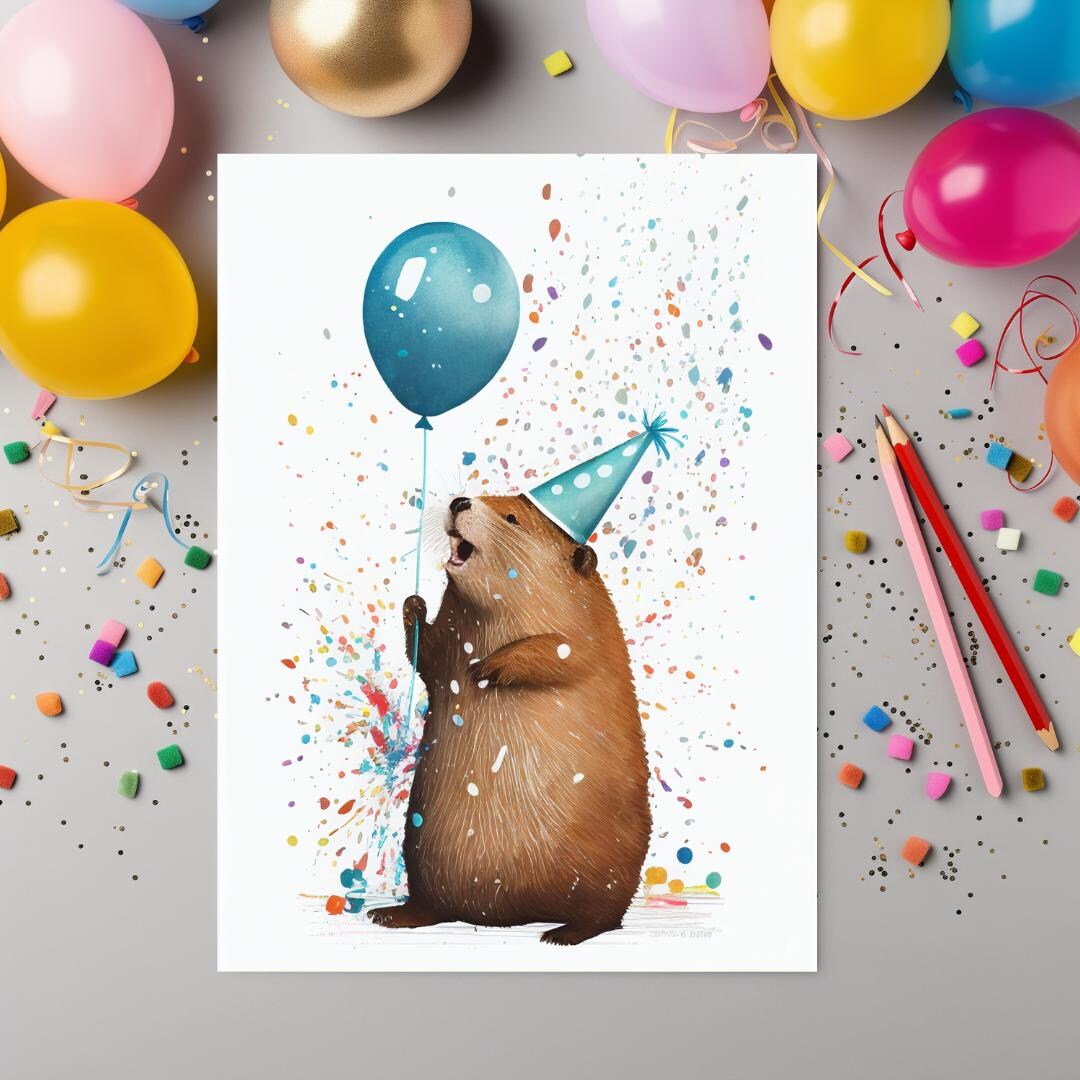 Whimsical Beaver Birthday Card – Folded Greeting With Balloon & Party ...